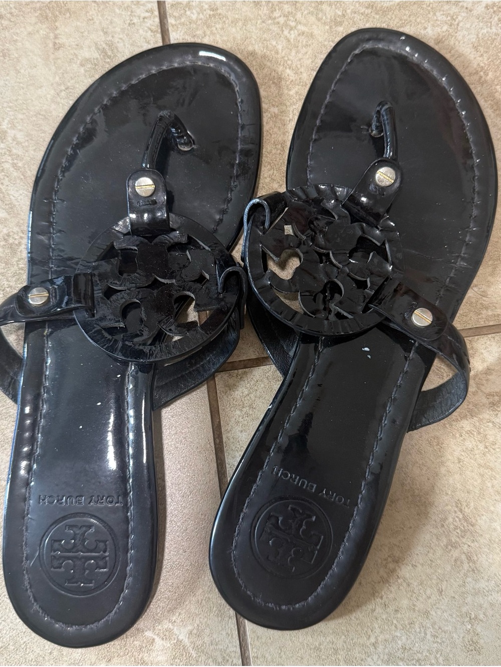 Tory Burch Black Patent Logo Toe-Post Sandals